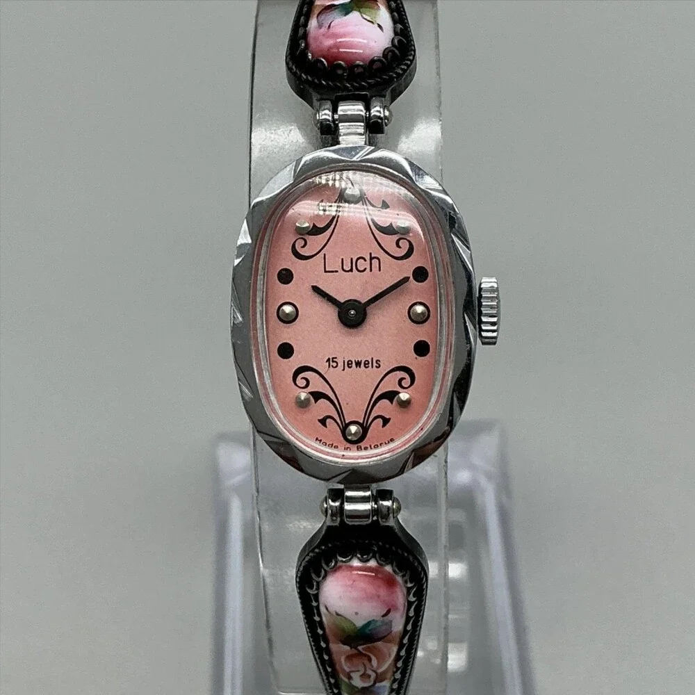Vintage Luch Womens Watch 17mm Pink Dial Floral Enamel 15 Jewels Manual 6.75